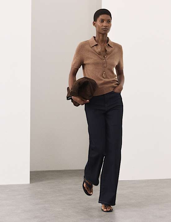 Merino Wool Rich Polo Neck Knitted Top with Cashmere