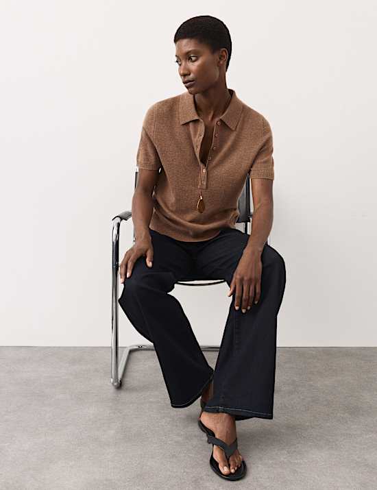 Merino Wool Rich Polo Neck Knitted Top with Cashmere