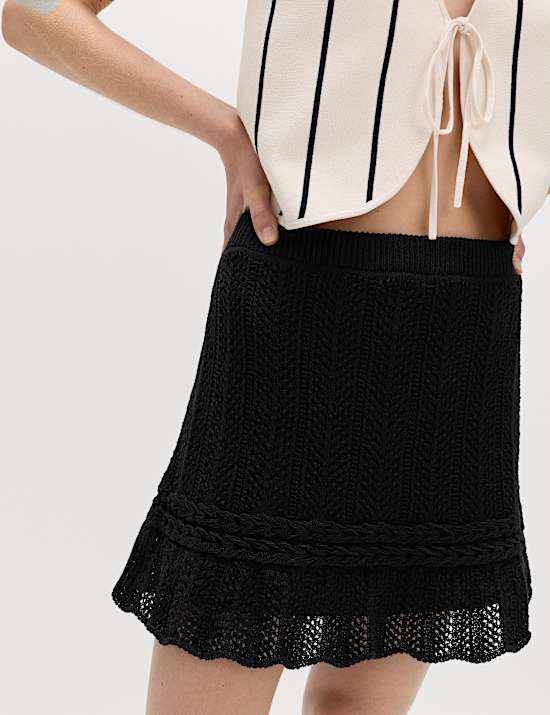 Cotton Rich Pointelle Knitted Mini Skirt