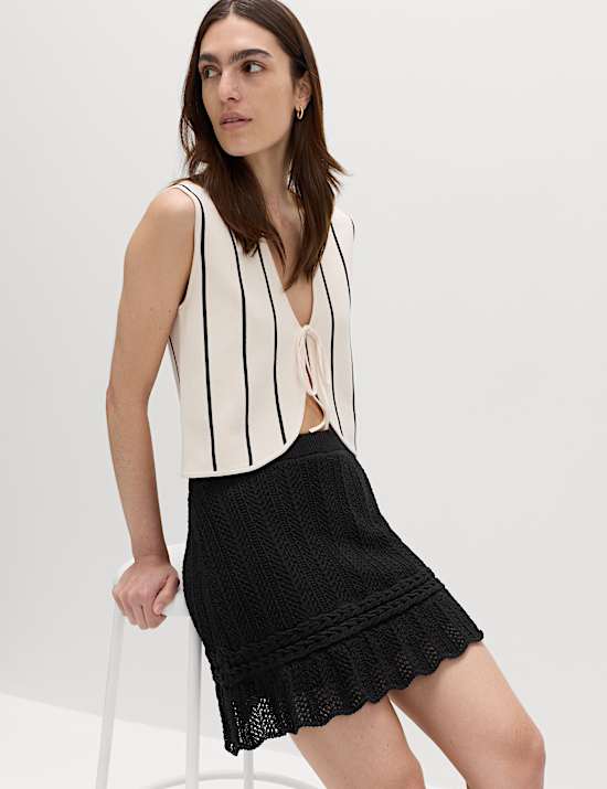 Cotton Rich Pointelle Knitted Mini Skirt