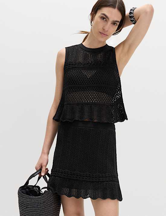 Cotton Rich Pointelle Knitted Mini Skirt