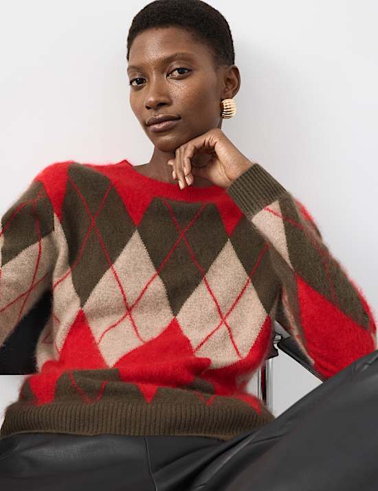 Merino Wool Rich Brushed Argyle Jumper with Cashmere