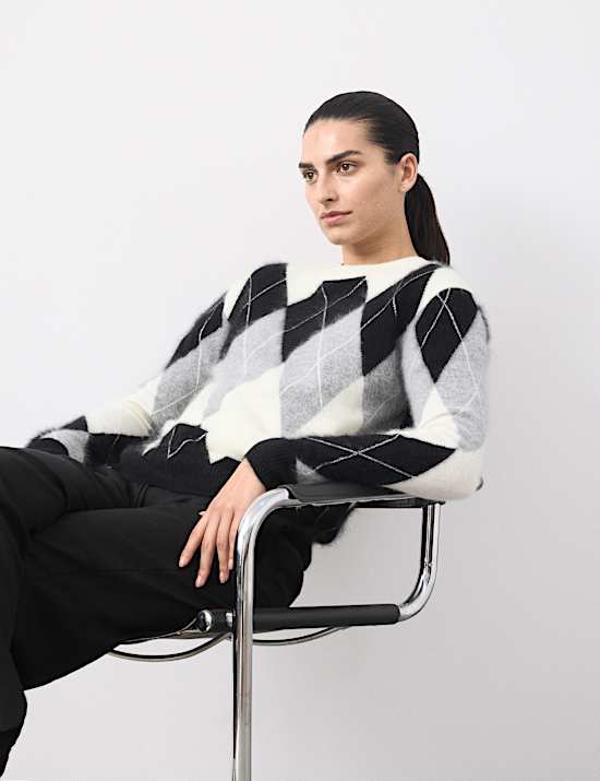 Pull en laine mérinos brossée avec cachemire à motif carreaux