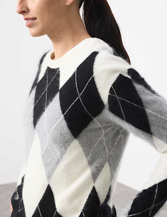 Pull en laine mérinos brossée avec cachemire à motif carreaux