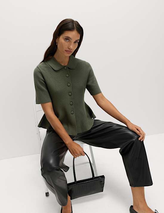 Peplum Collared Button Through Knitted Top