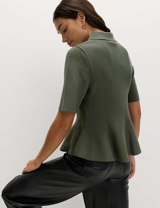 Peplum Collared Button Through Knitted Top