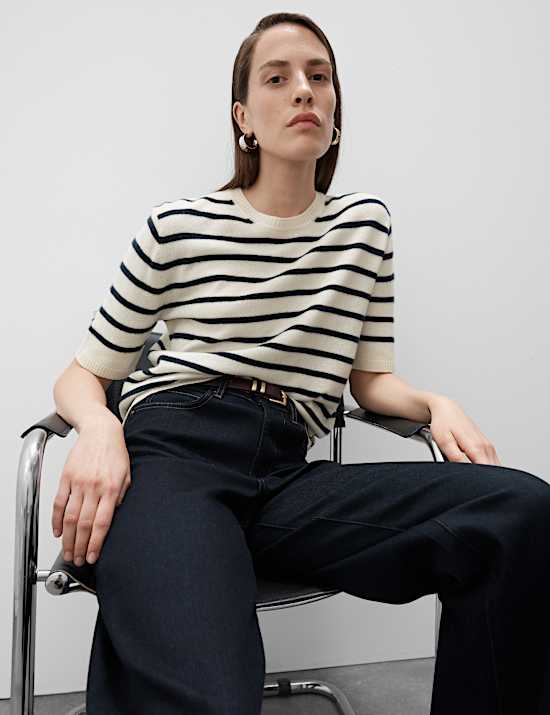 Pure Cashmere Striped Crew Neck Knitted Top