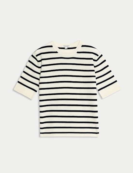 Top de punto 100% cachemira a rayas con cuello redondo