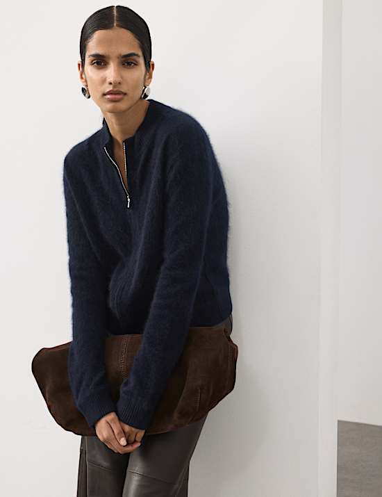 Wool Rich Brushed Zip Up Cardigan with Cashmere