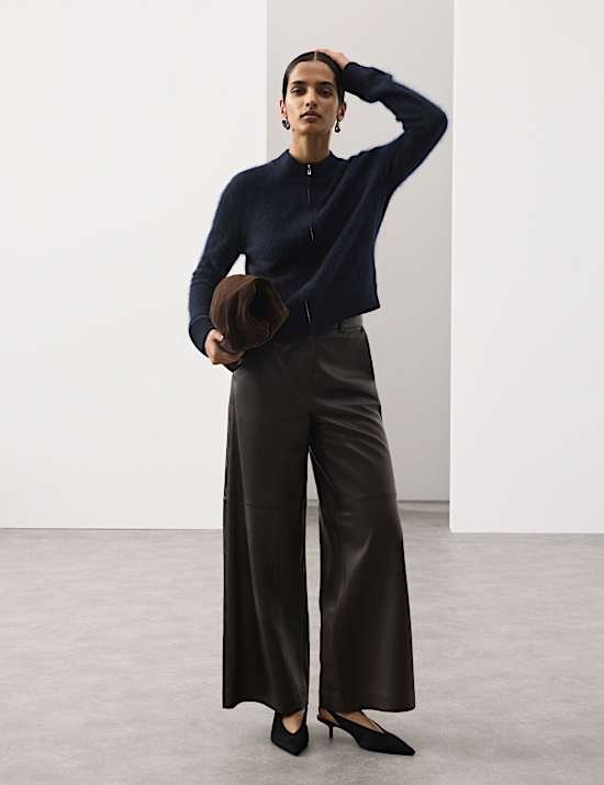 Wool Rich Brushed Zip Up Cardigan with Cashmere