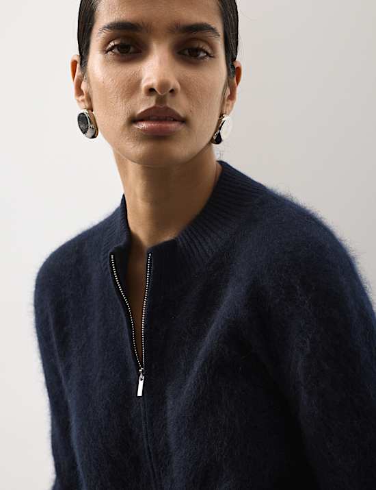 Wool Rich Brushed Zip Up Cardigan with Cashmere