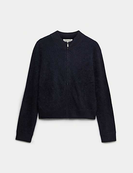 Wool Rich Brushed Zip Up Cardigan with Cashmere