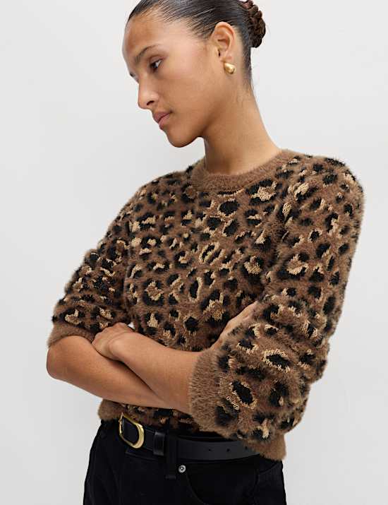 Animal Print Crew Neck Cropped Jumper