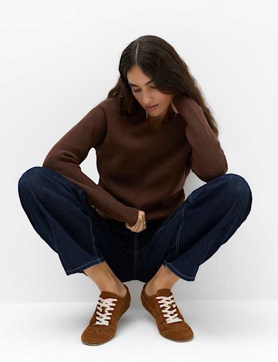 Ribbed V-Neck Longline Jumper