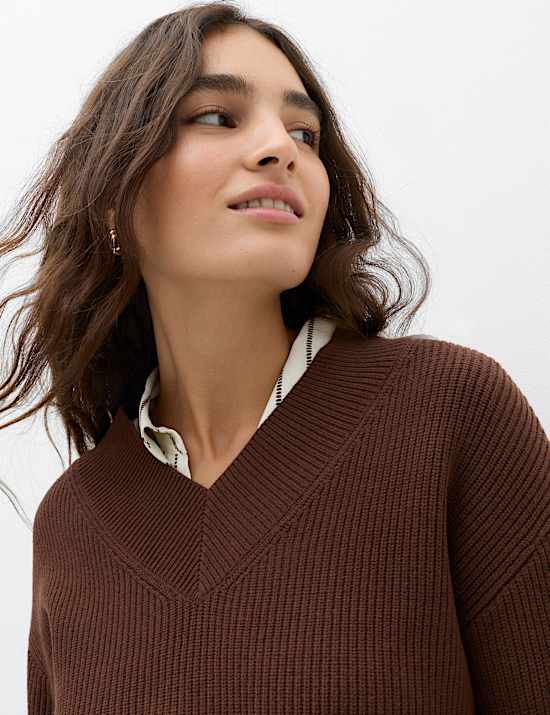 Ribbed V-Neck Longline Jumper