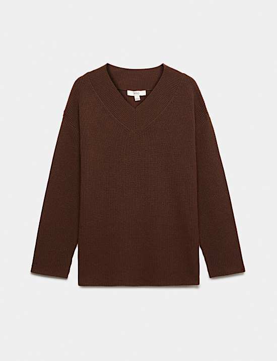 Ribbed V-Neck Longline Jumper