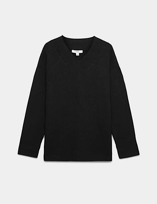 Ribbed V-Neck Longline Jumper