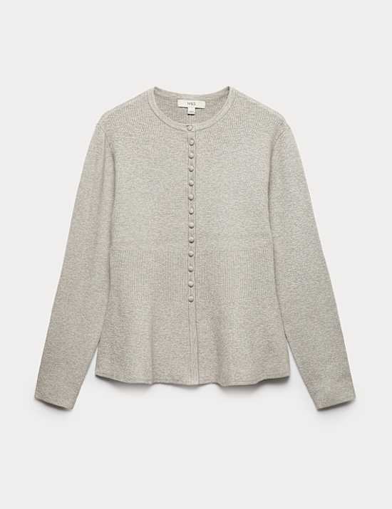 Soft Touch Crew Neck Peplum Fitted Cardigan