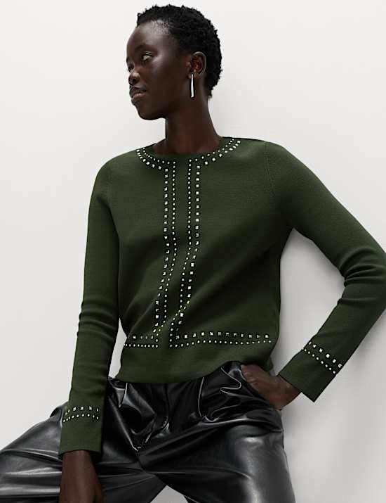 Stud Embellished Crew Neck Jumper