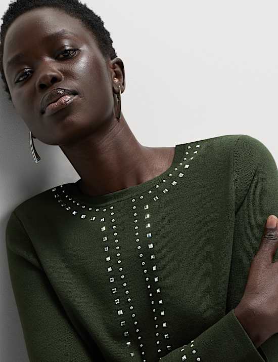 Stud Embellished Crew Neck Jumper