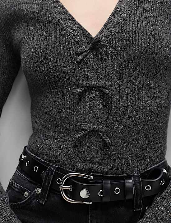 Sparkly V-Neck Bow Detail Cardigan
