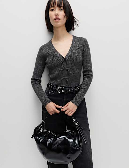 Sparkly V-Neck Bow Detail Cardigan