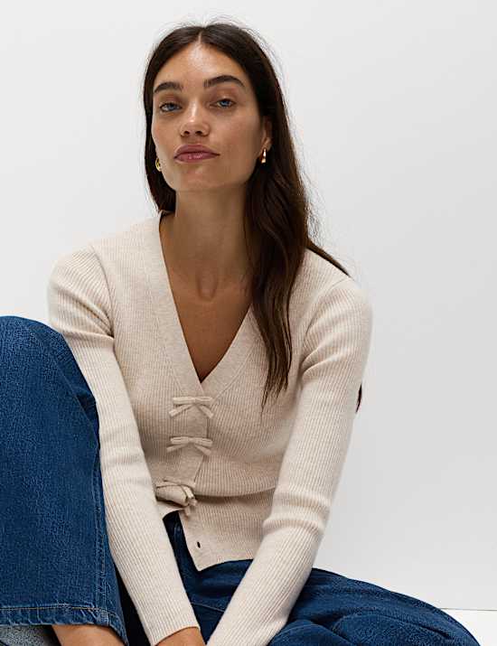 Ribbed V-Neck Bow Detail Cardigan