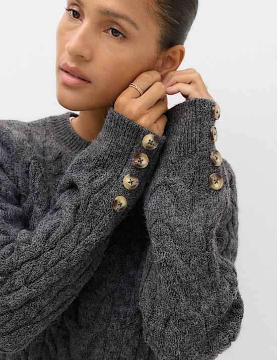 Crew Neck Cable Knit Button Detail Jumper