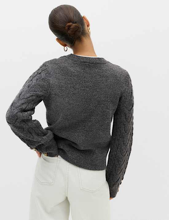 Crew Neck Cable Knit Button Detail Jumper