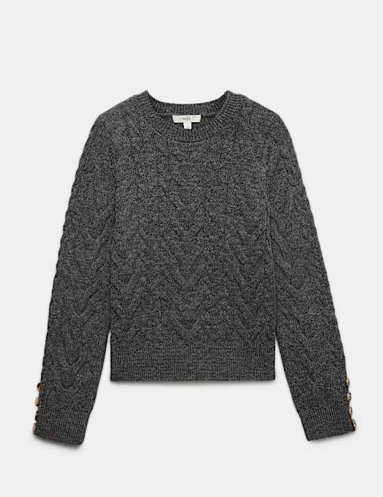 Crew Neck Cable Knit Button Detail Jumper