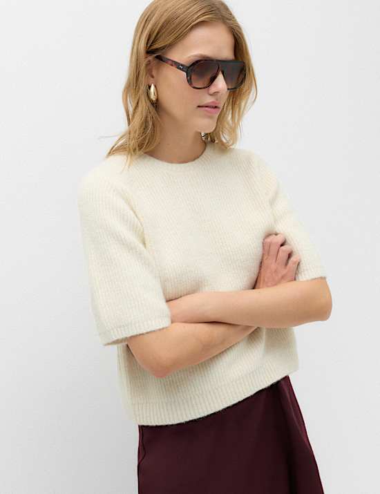 Ribbed Crew Neck Relaxed Knitted Top with Wool