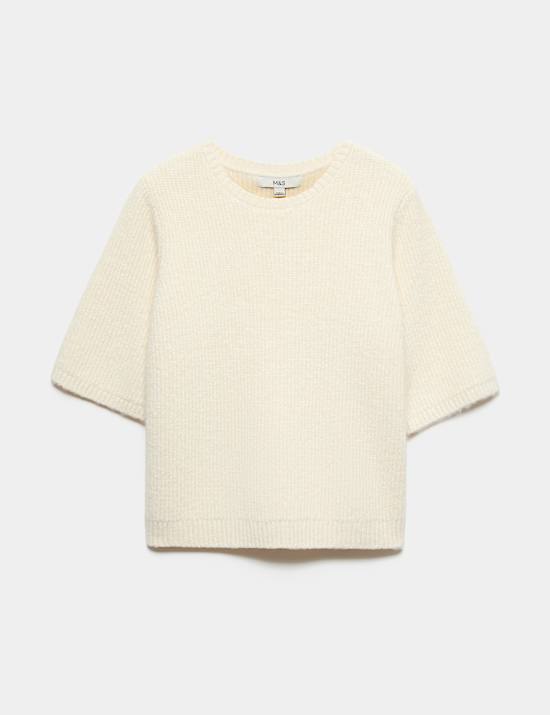 Ribbed Crew Neck Relaxed Knitted Top with Wool