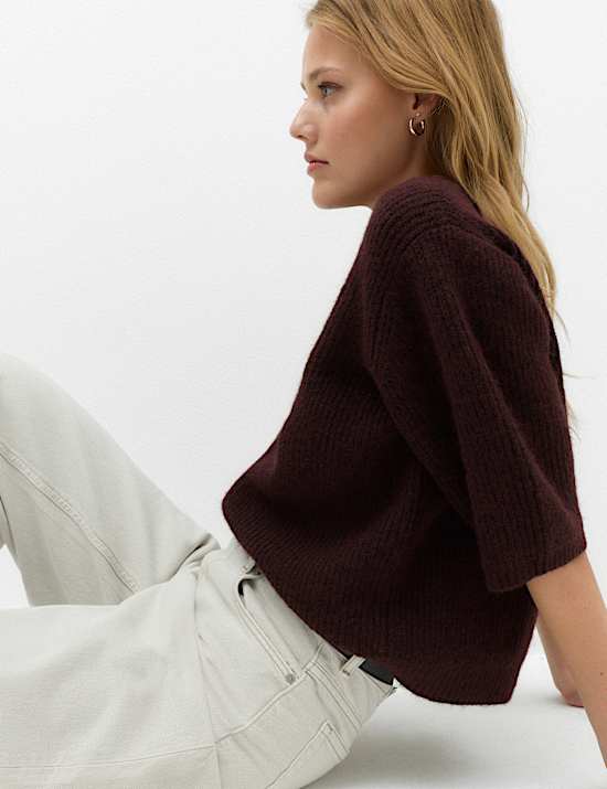 Ribbed Crew Neck Relaxed Knitted Top with Wool