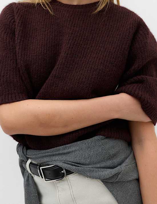 Ribbed Crew Neck Relaxed Knitted Top with Wool