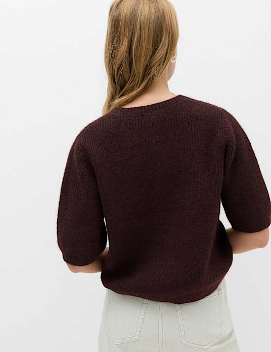 Ribbed Crew Neck Relaxed Knitted Top with Wool