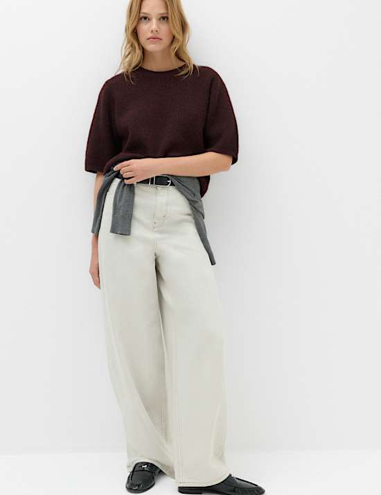 Ribbed Crew Neck Relaxed Knitted Top with Wool