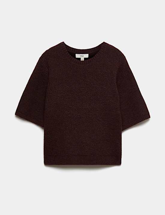 Ribbed Crew Neck Relaxed Knitted Top with Wool