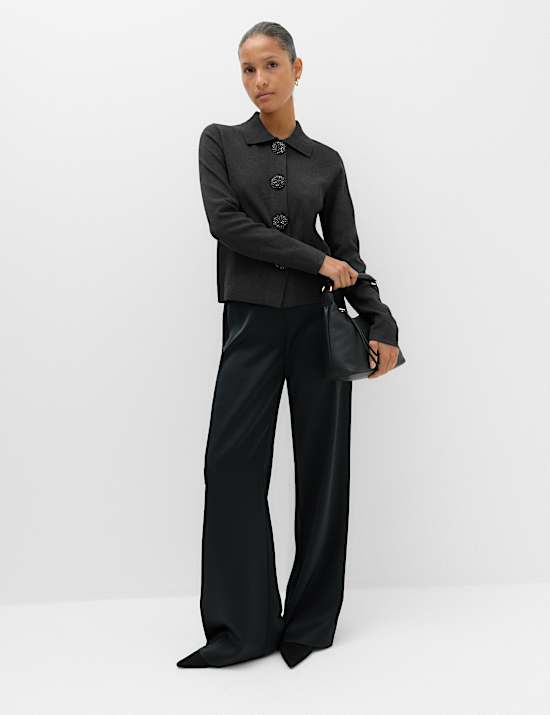 Embellished Collared Cardigan With Wool