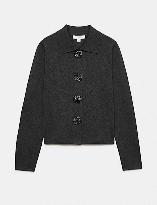Embellished Collared Cardigan With Wool
