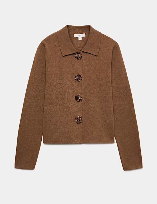 Embellished Collared Cardigan With Wool