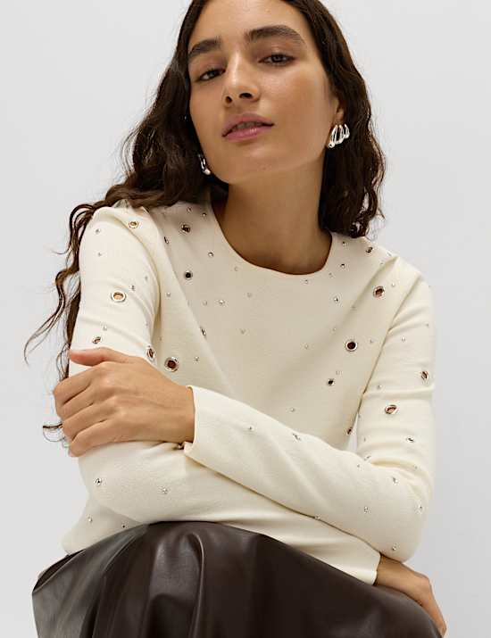 Eyelet Detail Crew Neck Jumper