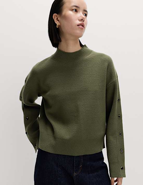 Soft Touch Funnel Neck Button Detail Jumper