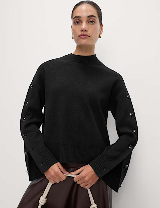 Soft Touch Funnel Neck Button Detail Jumper