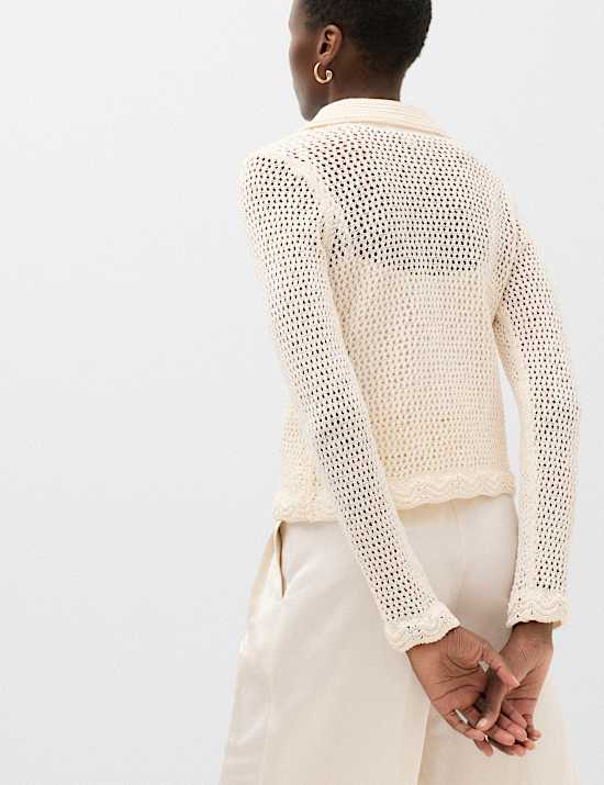 Cardigan en coton m&eacute;lang&eacute; style crochet &agrave; encolure