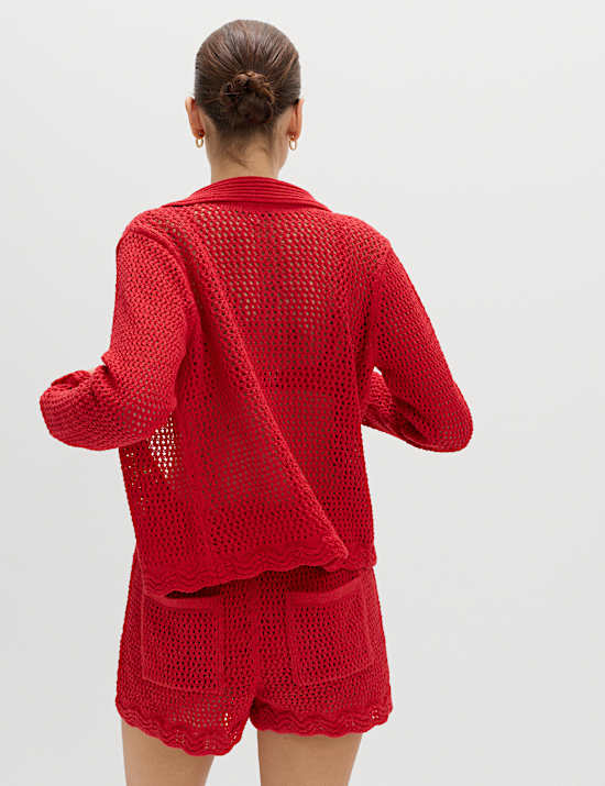 Cotton Blend Crochet-Style Collared Cardigan