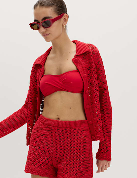 Cotton Blend Crochet-Style Collared Cardigan