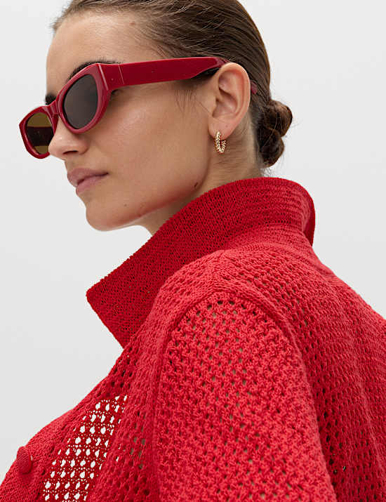 Cotton Blend Crochet-Style Collared Cardigan