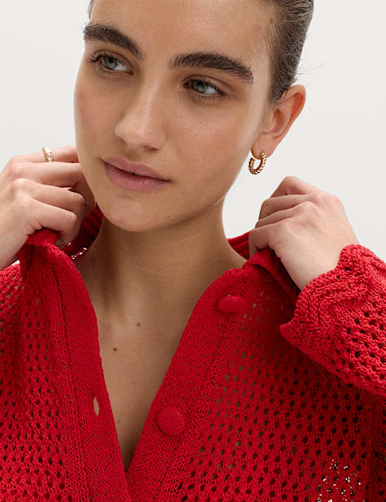 Cotton Blend Crochet-Style Collared Cardigan