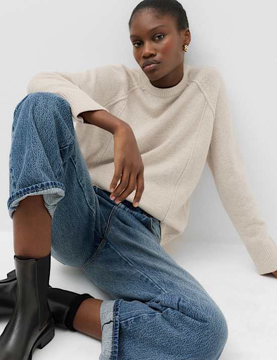 Lambswool Blend Crew Neck Seam Detail Relaxed Fit Jumper