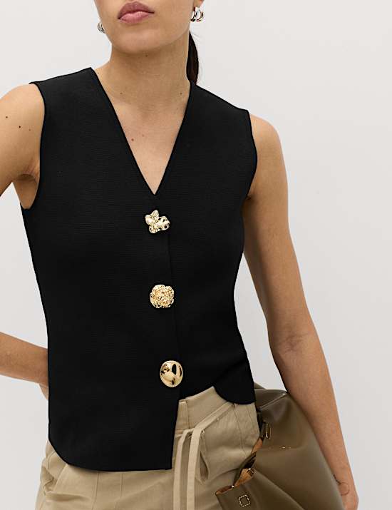 V-Neck Button Front Knitted Waistcoat